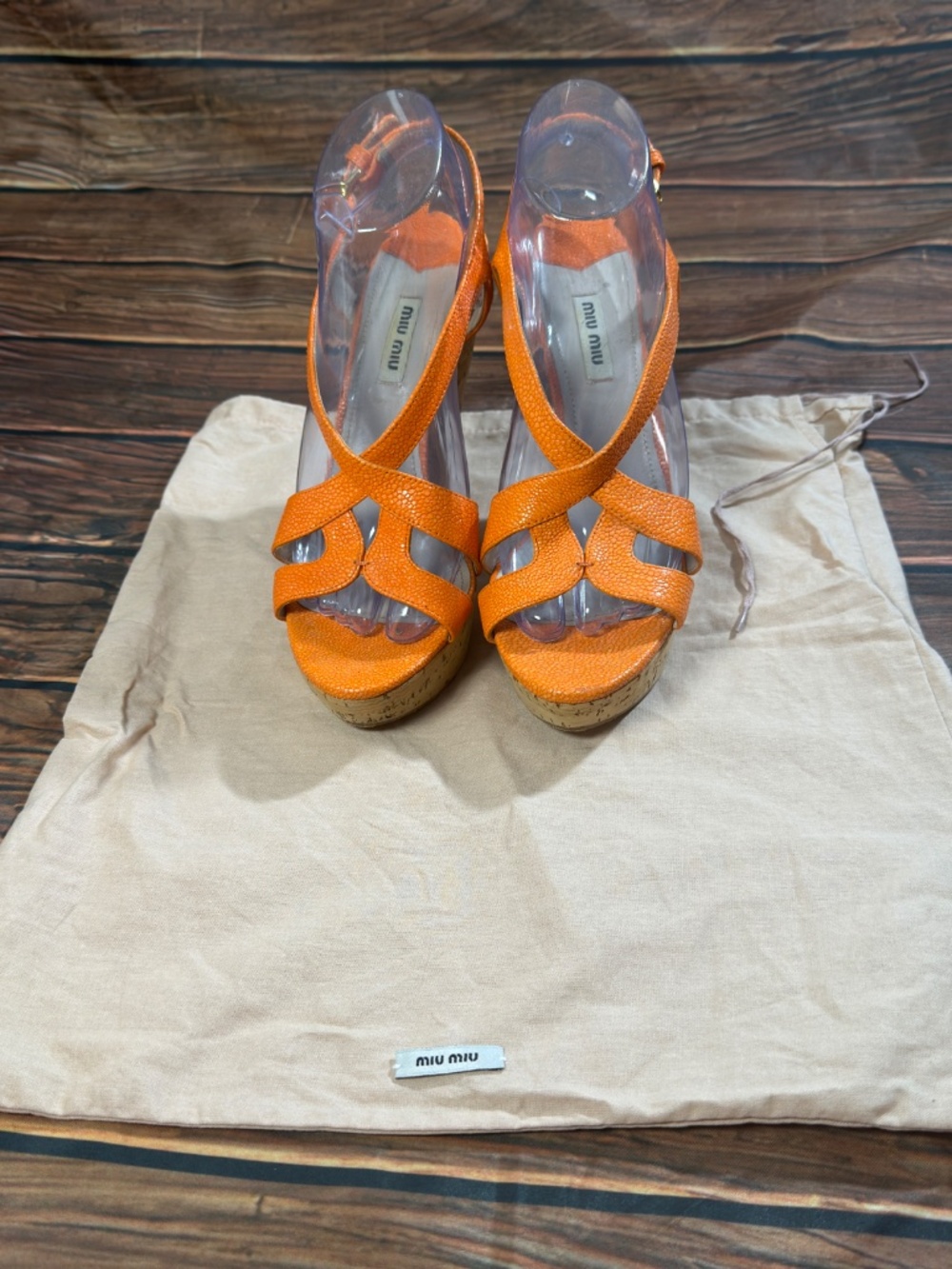 Miu Miu Orange Leather Cork Wedge Sandals EU 39 Platform Ankle Strap Heels